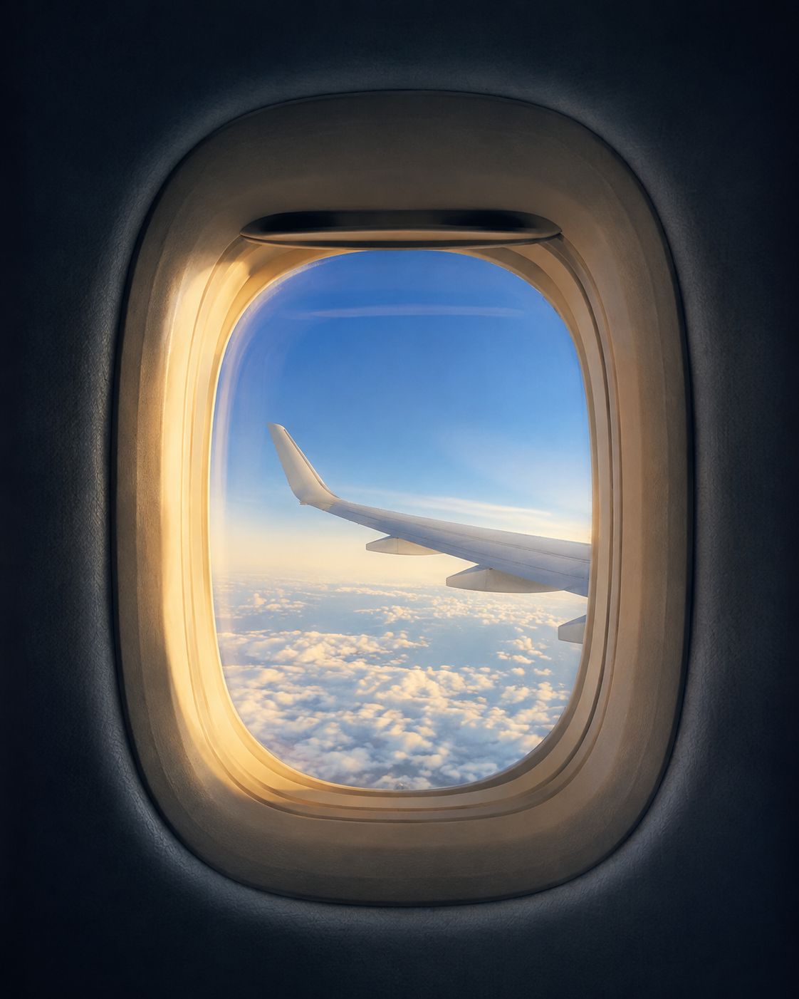 An airplane window framing sunlit clouds and the wing, seen from the window seat